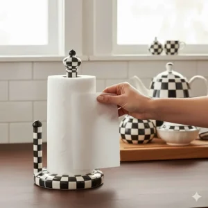 Lifestyle photo of the enamelware Mackenzie-Childs Courtly Check paper towel holder in use, holding a full roll.