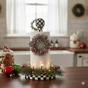 Mackenzie-Childs paper towel holder styled with seasonal or holiday-themed kitchen accents.