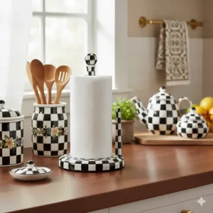 A styled image showing the Mackenzie-Childs paper towel holder alongside other matching Courtly Check kitchen decor accessories.