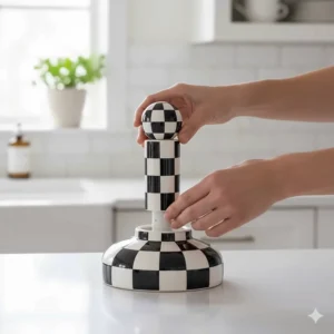 Simple diagram or image showing the easy two-piece assembly of a Mackenzie-Childs paper towel holder.