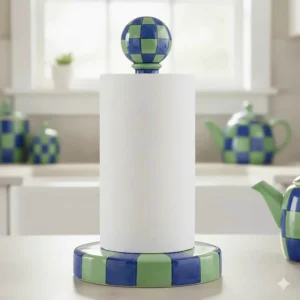 Close-up of the Mackenzie-Childs Royal Check paper towel holder, featuring the blue and green checkered design.