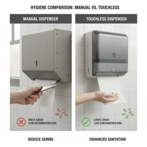 Infographic comparing the lower cross-contamination risk of a touchless towel dispenser versus a manual lever model.