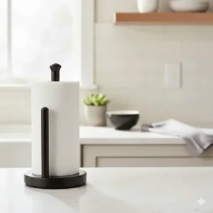 Sleek matte black Umbra paper towel holder styled in a minimalist modern kitchen.