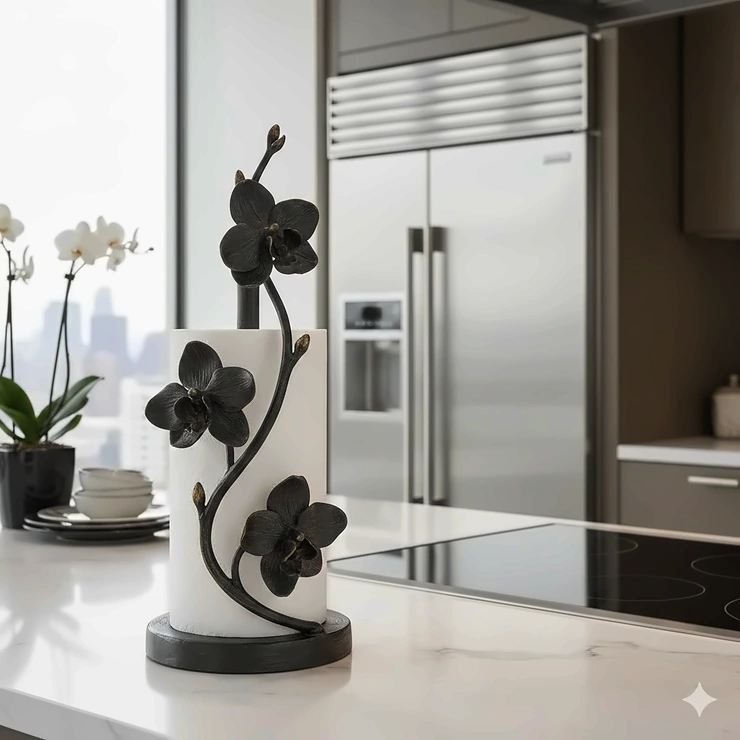 Michael Aram Black Orchid paper towel holder in a modern luxury kitchen setting. michael aram paper towel holder