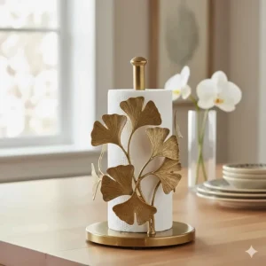 Michael Aram Butterfly Ginkgo paper towel holder featuring hand-etched brass leaves.