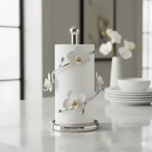 Elegant Michael Aram White Orchid collection paper towel holder with nickelplate finish.