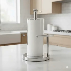 An image of a minimalist modern acrylic paper towel rack with brushed chrome accents for a sleek kitchen look.