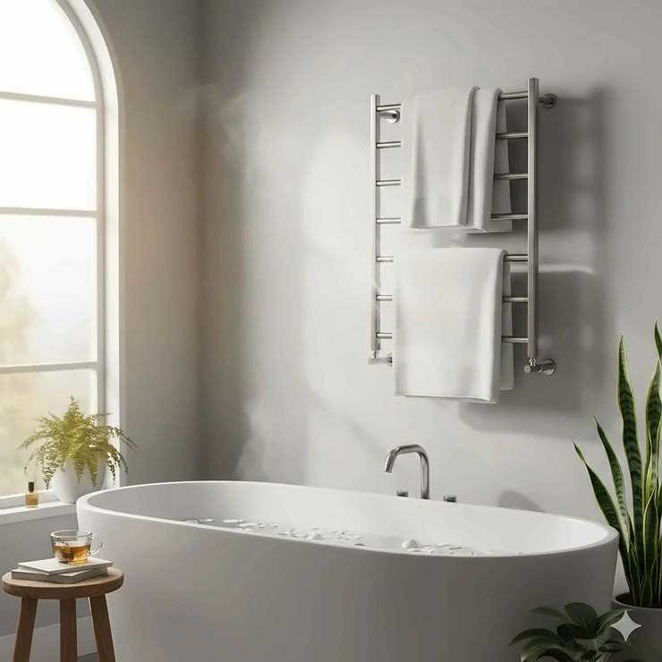 A wall-mounted stainless steel hot towel warmer with fluffy white towels in a modern luxury bathroom.