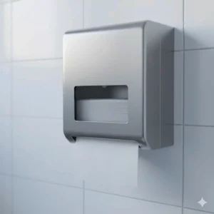 Multifold paper towel dispenser mounted on a public restroom wall, clearly showing the towels accessible in the slot.