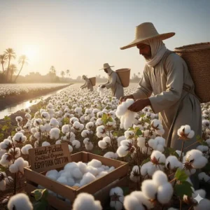 Illustration of hand-picked cotton in Egypt, highlighting the eco-friendly harvesting process of premium cotton.