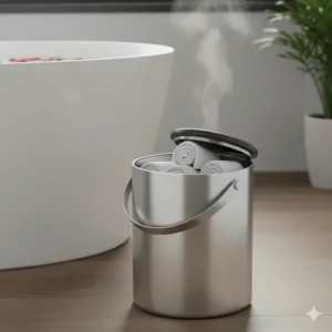 A portable bucket-style hot towel warmer sitting on a wooden floor next to a bathtub.