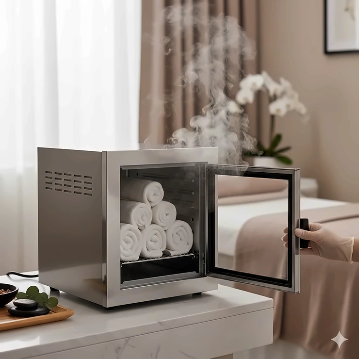 A sleek, professional hot towel cabinet sitting on a countertop in a modern spa treatment room.