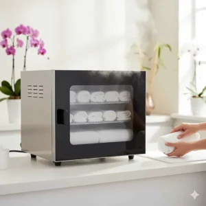 A countertop professional hot towel warmer cabinet used for facial treatments in a spa setting.