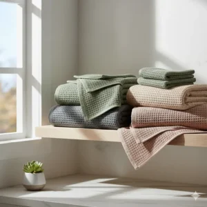 An array of quick drying bath towels displayed in various modern colors like sage green, charcoal, and sand.