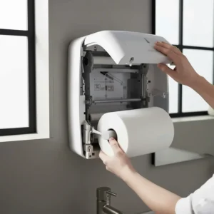 Person loading a new roll of paper towels into the refilling slot of an automatic towel dispenser.