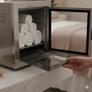 A close-up showing the removable water drip tray at the bottom of a towel warming unit.