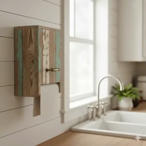 Image showing a rustic recycled wood paper towel dispenser with distressed finish, ideal for vintage decor.