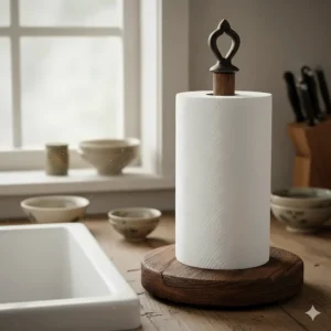 Rustic dark wood countertop paper towel holder with a weighted base, a common style for an antique kitchen.
