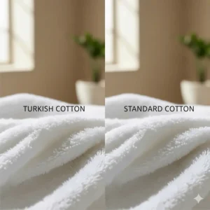 Side-by-side comparison showing the fluffy texture of Turkish cotton versus standard cotton towels.