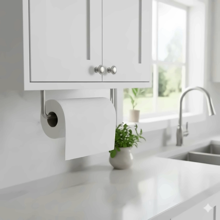 Stainless steel paper towel holder mounted under a white kitchen cabinet, showcasing the sleek, modern design and easy access. stainless steel paper towel holders