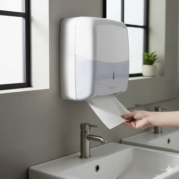 A modern, wall-mounted touchless paper towel dispenser being used in a commercial restroom to ensure maximum hygiene. towel dispenser touchless