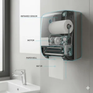 Diagram showing the infrared sensor and motor mechanism inside a highly reliable touchless towel dispenser.