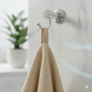 A detailed view of a sturdy hanging loop on a quick drying bath towel to maximize airflow while hanging.
