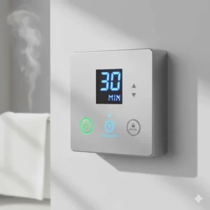An illustration showing a digital timer and auto-shut-off safety features on a hot towel warmer control panel.