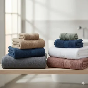 A variety of best Turkish cotton bath towels displayed in earth tones, blues, and neutrals.