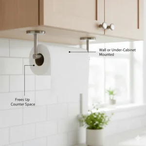 Wall-mounted Umbra paper towel holder installed under a wooden kitchen cabinet.