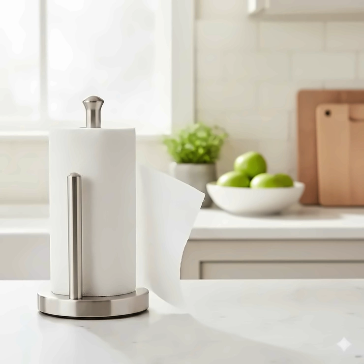 Modern Umbra paper towel holder sitting on a white marble kitchen countertop.