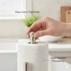 Close-up of the top finial knob of an Umbra paper towel holder for easy carrying.