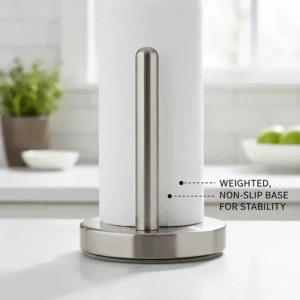 Illustration highlighting the non-slip weighted base of an Umbra paper towel holder for stability.