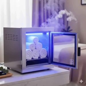 Illustration showing the internal UV light sterilization feature of a hot towel cabinet for hygiene.