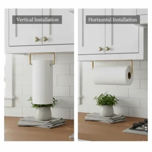 Comparison image showing the versatility of the brass paper towel holder used both vertically and horizontally.