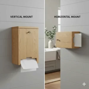 Comparison image showing the mounting options for a wood paper towel dispenser: vertical vs. horizontal.