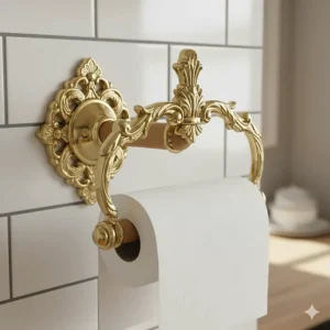 Close-up view of a wall-mounted brass vintage paper towel holder featuring an ornate victorian design.