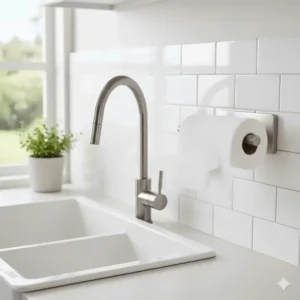 Durable wall-mount stainless steel paper towel rack installed near a sink, illustrating space-saving convenience.