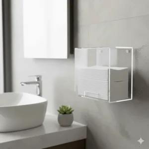 Close-up of a space-saving wall-mounted acrylic paper towel dispenser in a contemporary bathroom setting.