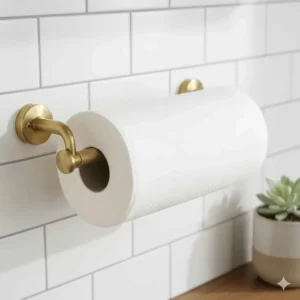 Close-up of a sturdy wall-mounted brass paper towel holder showing the mounting hardware.