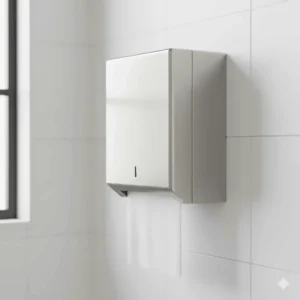 Side view of a wall-mounted paper towel dispenser, highlighting the compact, space-saving design suitable for small areas.