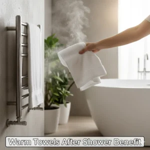 An illustration of a person reaching for a steaming towel from a hot towel warmer after a shower.