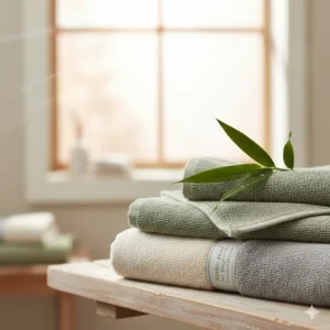Eco-friendly bamboo and cotton blend bath towels known for staying supple in high-mineral water.