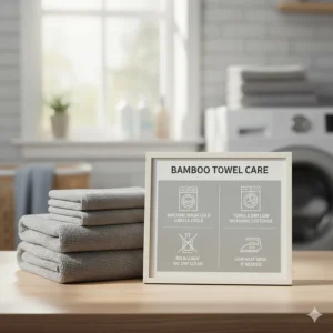 Simple infographic showing the best machine wash and dry settings for long-lasting bamboo towels.
