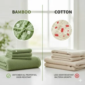 Illustration explaining the natural antimicrobial properties of bamboo fabric compared to cotton.