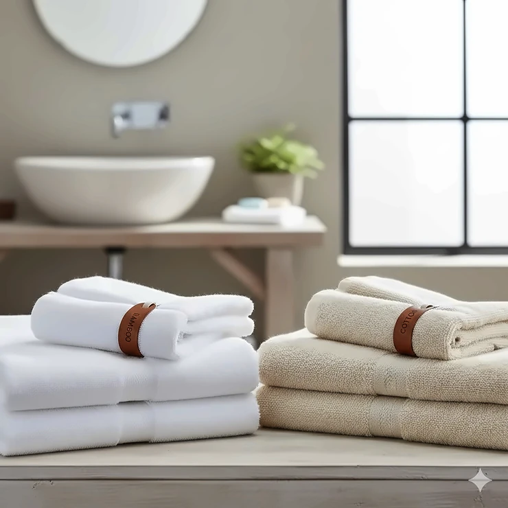 A side-by-side comparison of a folded white bamboo towel and a cream cotton towel showcasing different fabric textures. bamboo vs cotton towels comparison