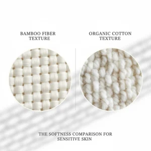 Microscopic view of bamboo and organic cotton textures used in soft bath towels for sensitive skin.