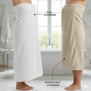 Illustration of a person wrapped in a plush bath sheet showing full body coverage and extra length.