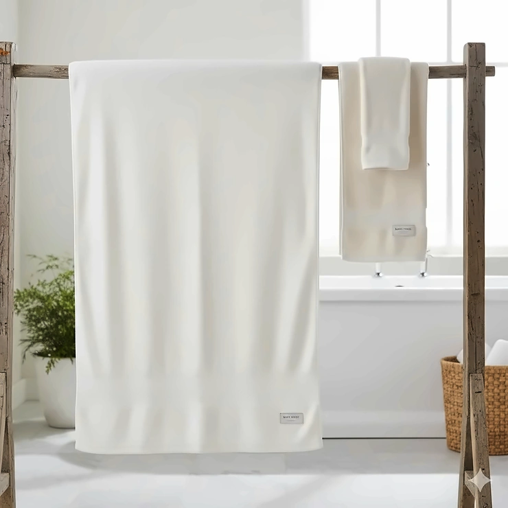 A side-by-side size comparison of a large white bath sheet and a standard-sized bath towel hanging on a wooden towel rack. bath sheets vs bath towels