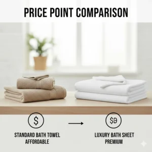 Graphic showing the price difference between affordable standard bath towels and premium luxury bath sheets.
